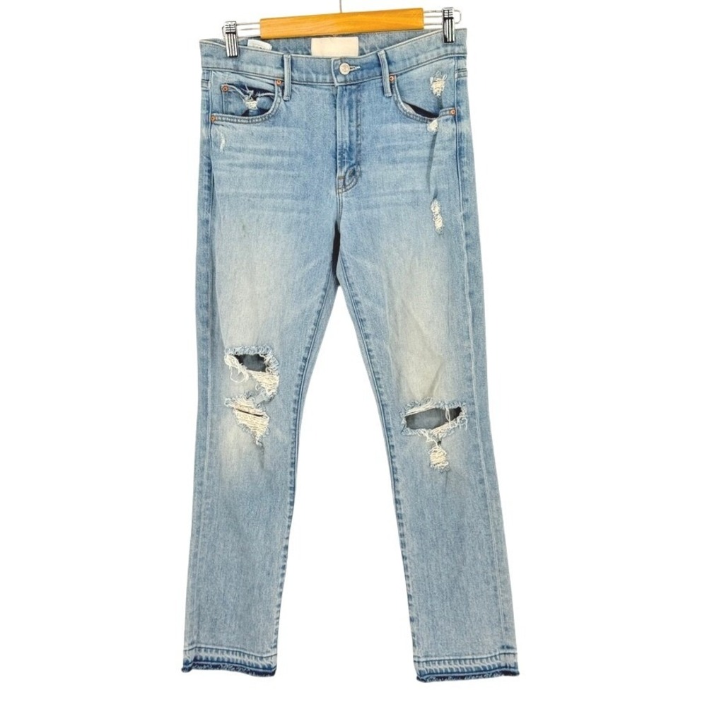 Mother Superior Distressed Straight Leg Jeans Light Wash Blue Ripped Hem Size 27
